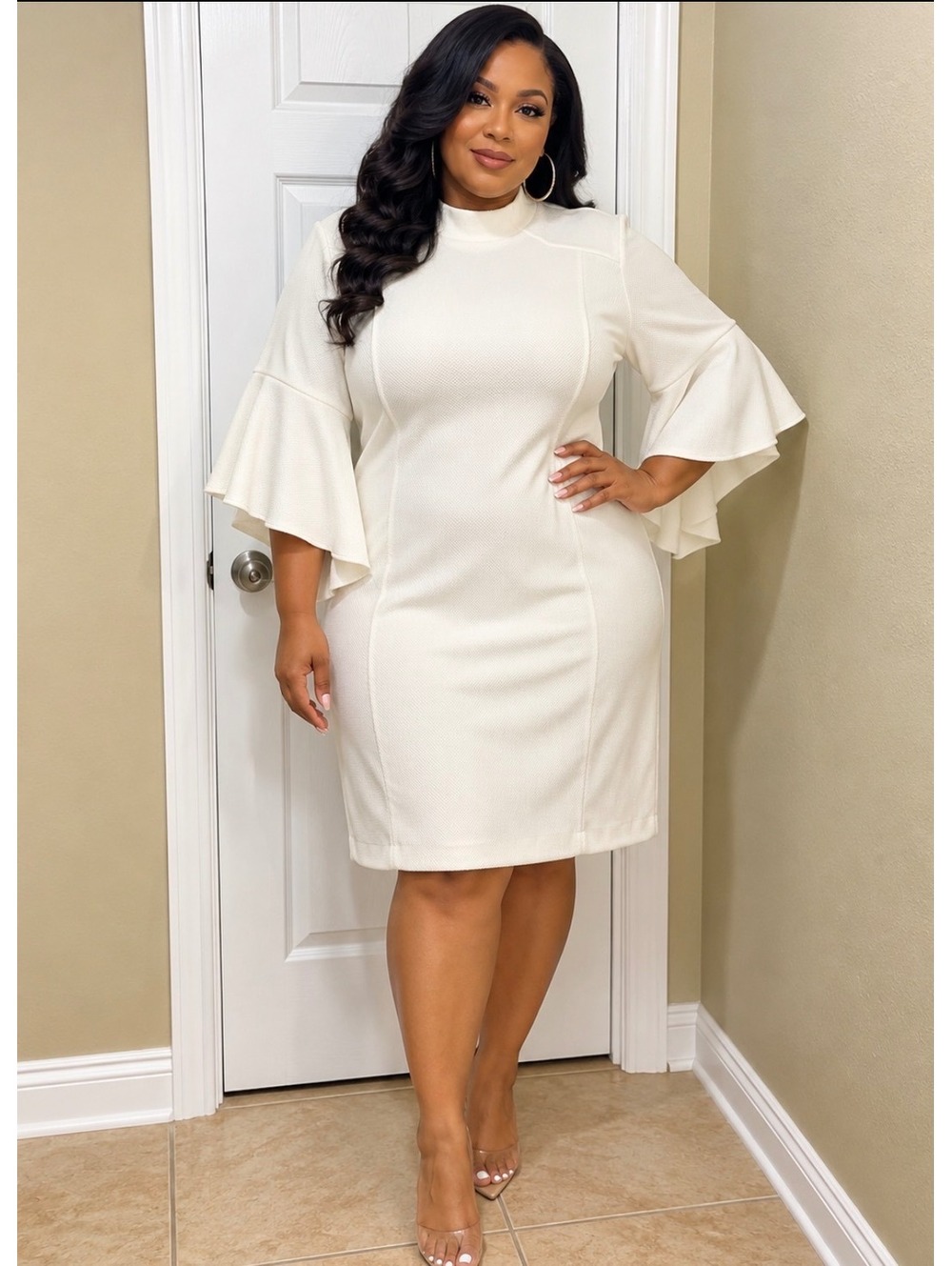 Elegant Cream Midi Dress with Flared Sleeves
